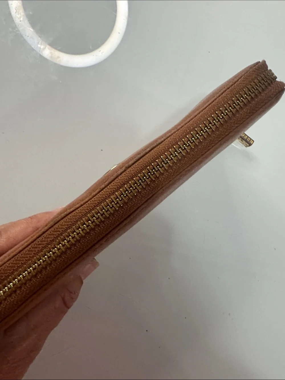 Tory Burch Chestnut Brown Saffiano Zip Wallet with Gold Logo